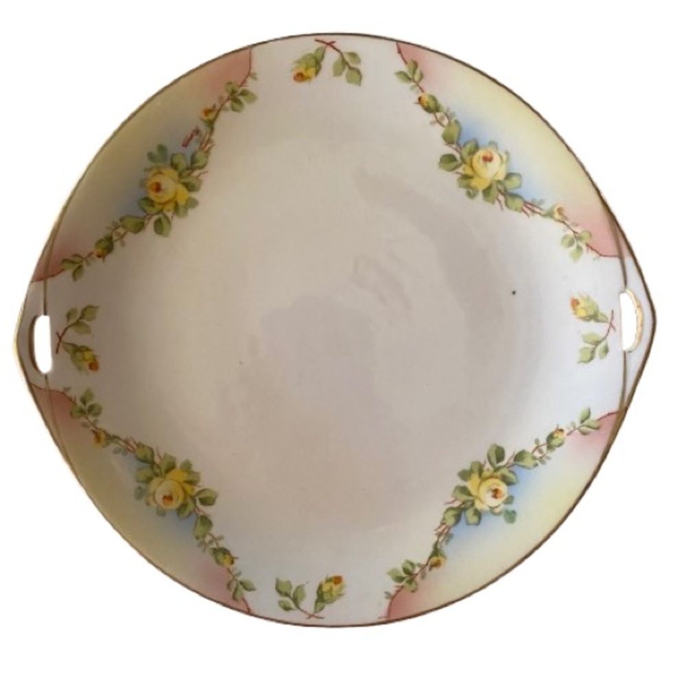 Royal Rudolstadt Cake Plate Yellow Rose Pattern Art Nouveau Signed by Menier
